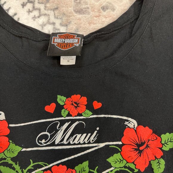Y2K Women's Harley Davidson Maui Hawaii T-Shirt Roses Sparkle Size Medium Black - Picture 3 of 5